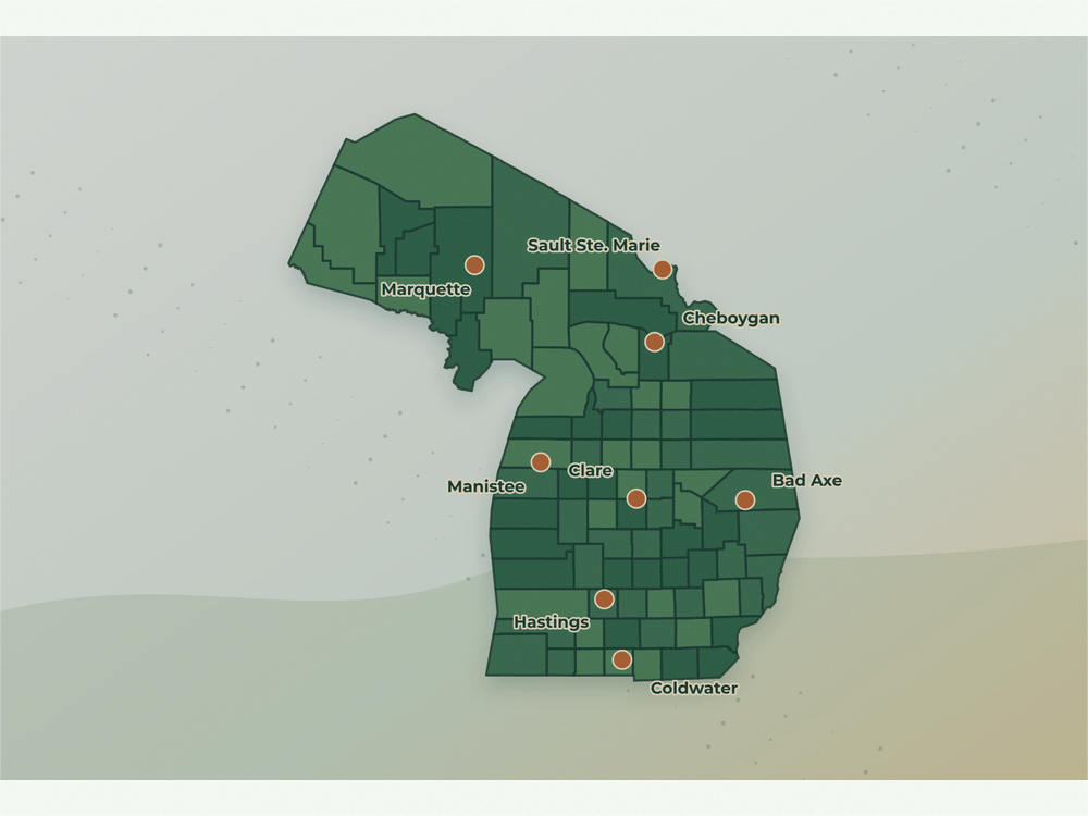 Accurate Michigan land service area map showing key city markers for Hastings, Coldwater, Sault Ste. Marie, Cheboygan, Clare, Manistee, Marquette, and Bad Axe
